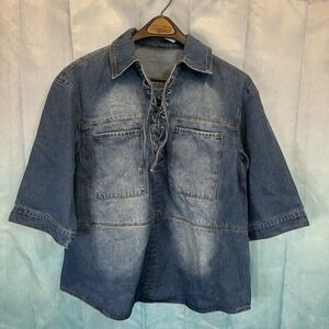 NWT New Collection Stone Wash Denim Lace Up Casual Top Small